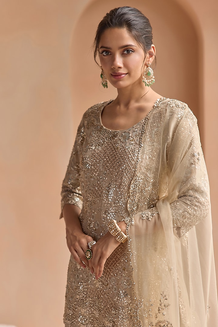 Beige Champagne Tissue Silk Bridal Sharara Set by OSAA By Adarsh at Pernia's Pop Up Shop