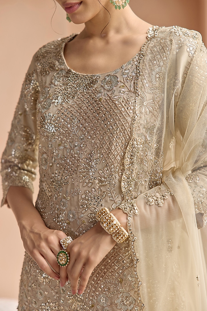 Beige Champagne Tissue Silk Bridal Sharara Set by OSAA By Adarsh at Pernia's Pop Up Shop