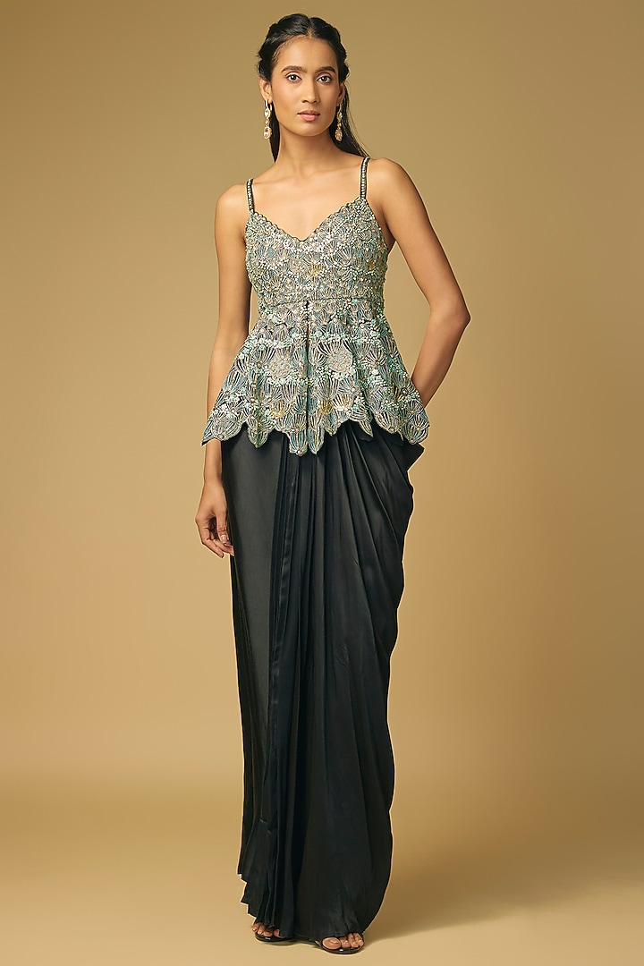 Black Mulberry Silk Draped Skirt Set by Osaa By Adarsh at Pernia's Pop Up Shop