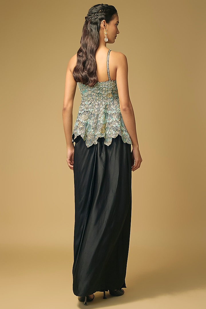 Black Mulberry Silk Draped Skirt Set by Osaa By Adarsh at Pernia's Pop Up Shop
