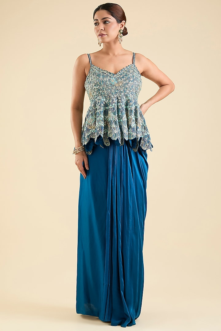 Jade Blue Mulberry Silk Embellished Skirt Set by OSAA By Adarsh at Pernia's Pop Up Shop