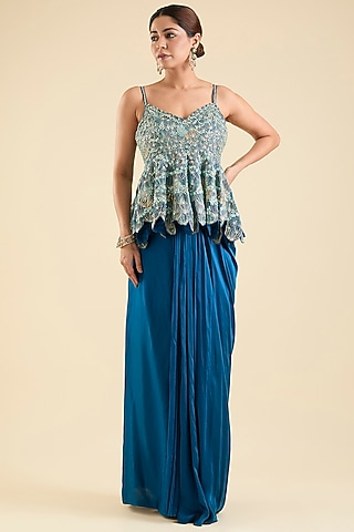 Jade Blue Mulberry Silk Embellished Skirt Set by OSAA By Adarsh
