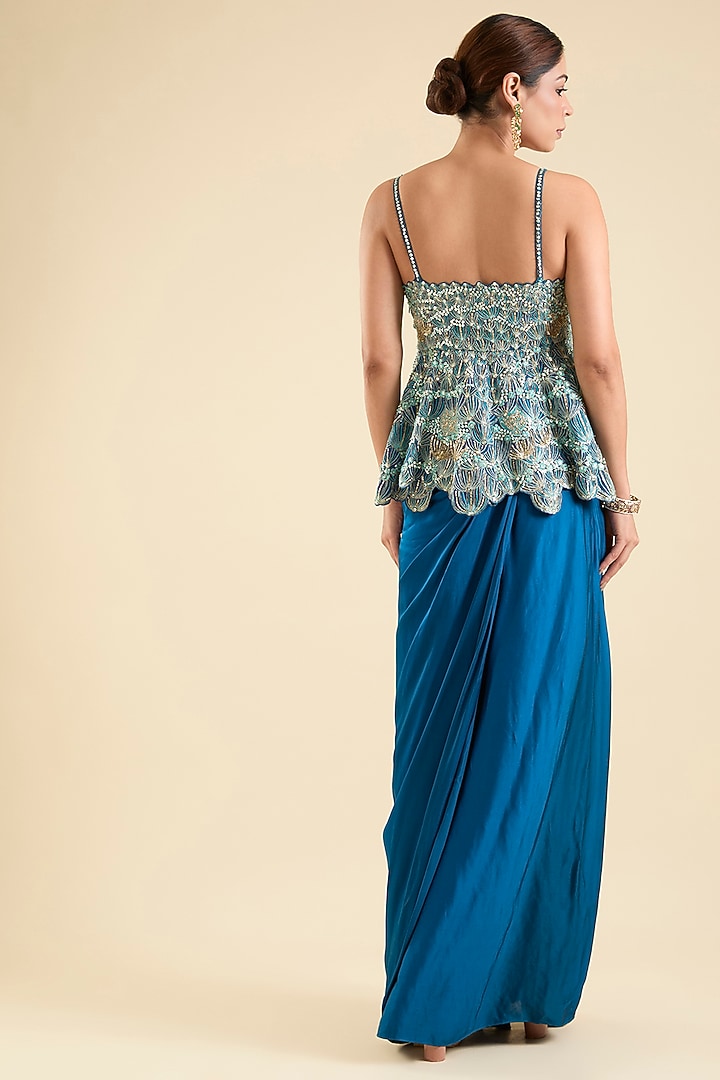 Jade Blue Mulberry Silk Embellished Skirt Set by OSAA By Adarsh at Pernia's Pop Up Shop