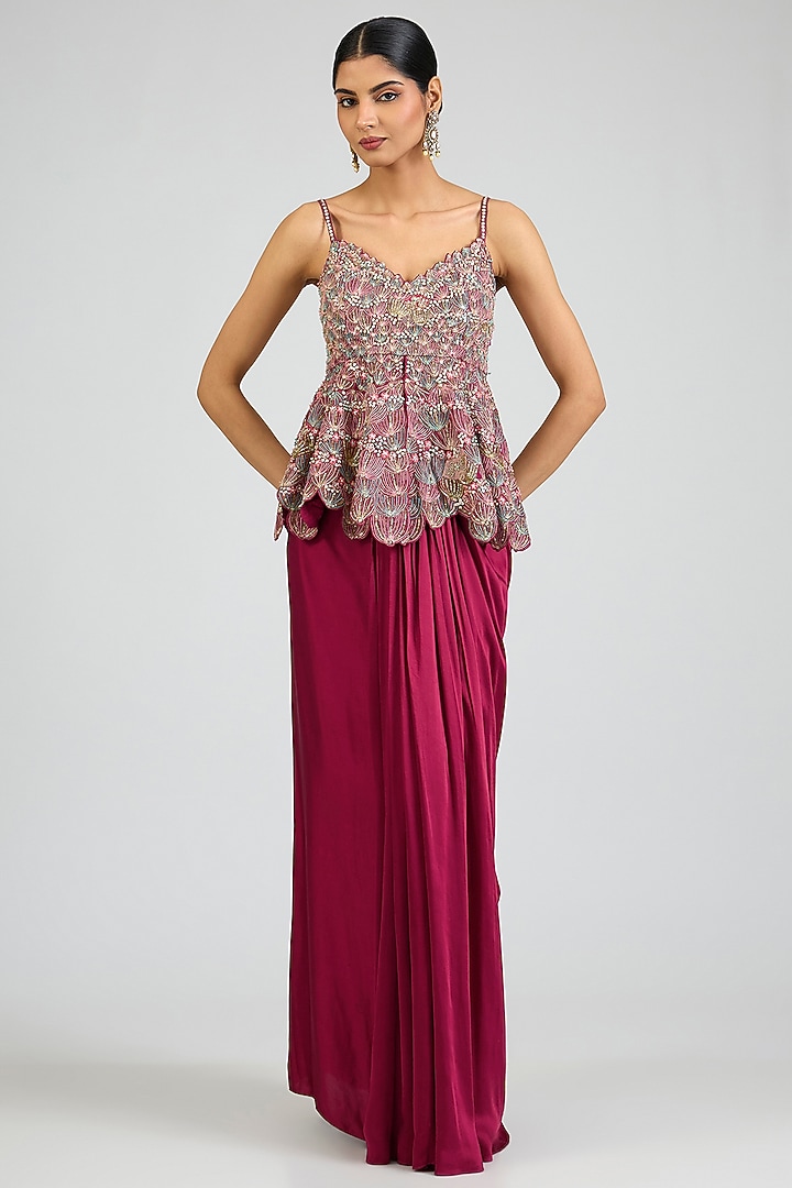 Sangria Plum Mulberry Silk Draped Skirt Set by OSAA By Adarsh at Pernia's Pop Up Shop