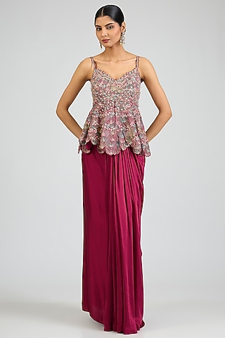 Sangria Plum Mulberry Silk Draped Skirt Set by OSAA By Adarsh