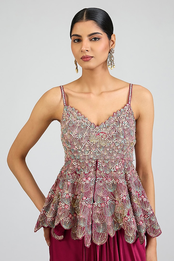 Sangria Plum Mulberry Silk Draped Skirt Set by OSAA By Adarsh at Pernia's Pop Up Shop