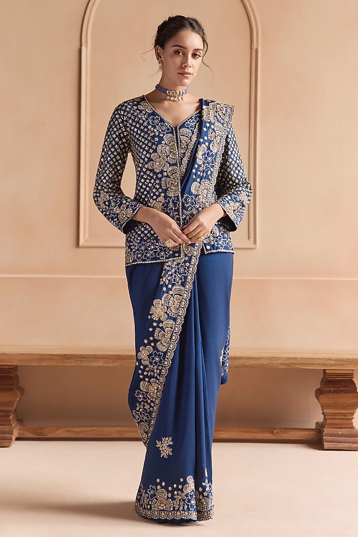 French Navy Mulberry Silk Zardosi Embroidered Reception Saree Set by OSAA By Adarsh at Pernia's Pop Up Shop