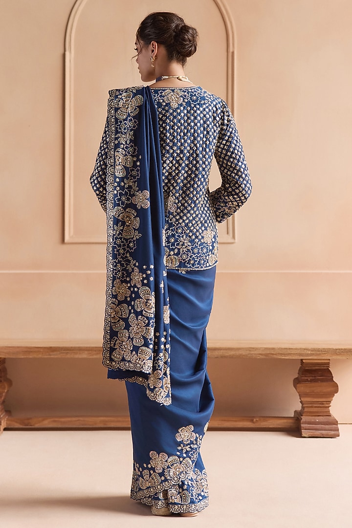 French Navy Mulberry Silk Zardosi Embroidered Reception Saree Set by OSAA By Adarsh at Pernia's Pop Up Shop