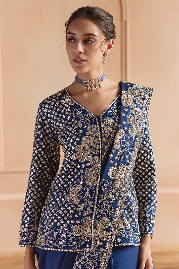 French Navy Mulberry Silk Zardosi Embroidered Reception Saree Set by OSAA By Adarsh at Pernia's Pop Up Shop