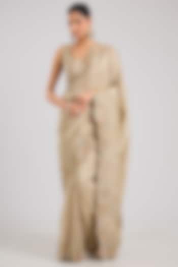 Beige Champagne Tissue Silk Aari Embroidered Handcrafted Reception Saree Set by OSAA By Adarsh at Pernia's Pop Up Shop
