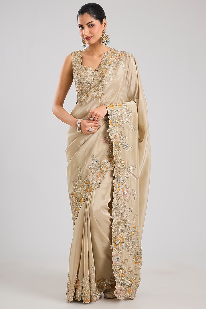 Beige Champagne Tissue Silk Aari Embroidered Handcrafted Reception Saree Set by OSAA By Adarsh at Pernia's Pop Up Shop