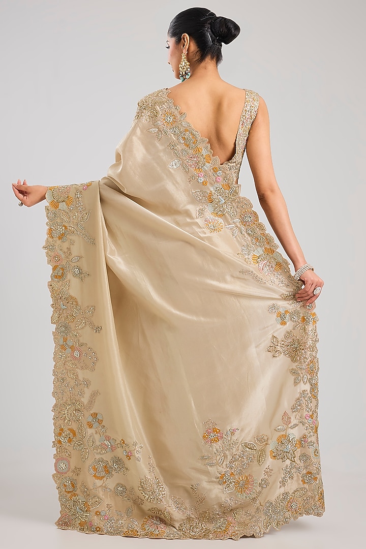 Beige Champagne Tissue Silk Aari Embroidered Handcrafted Reception Saree Set by OSAA By Adarsh at Pernia's Pop Up Shop