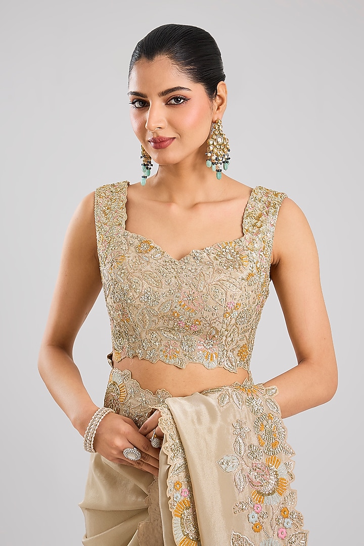 Beige Champagne Tissue Silk Aari Embroidered Handcrafted Reception Saree Set by OSAA By Adarsh at Pernia's Pop Up Shop