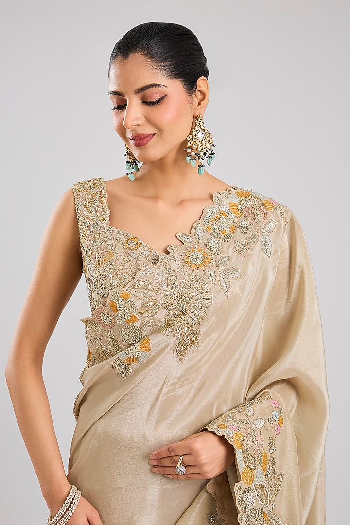 Beige Champagne Tissue Silk Aari Embroidered Handcrafted Reception Saree Set by OSAA By Adarsh at Pernia's Pop Up Shop
