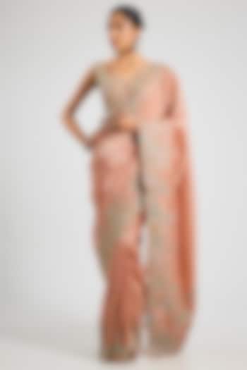 Salmon Peach Tissue Silk Aari Embroidered Reception Saree Set by OSAA By Adarsh at Pernia's Pop Up Shop
