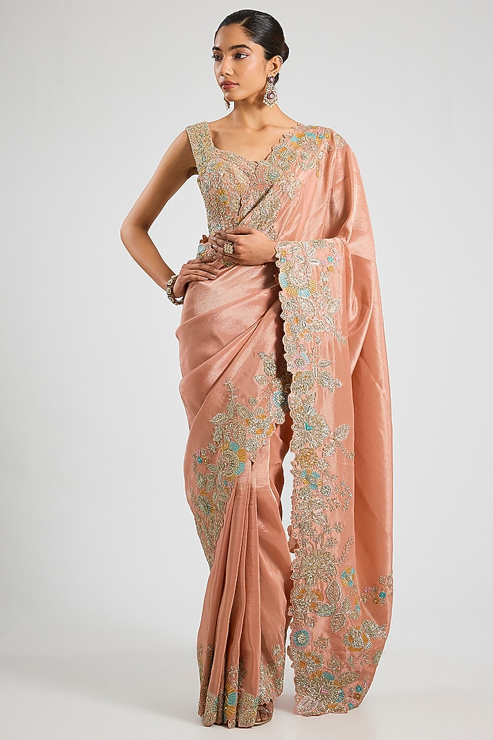 Salmon Peach Tissue Silk Aari Embroidered Reception Saree Set by OSAA By Adarsh at Pernia's Pop Up Shop