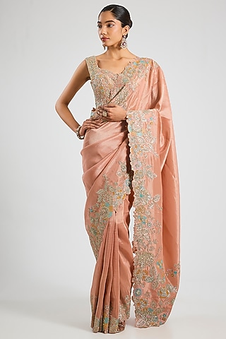 Salmon Peach Tissue Silk Aari Embroidered Saree Set by OSAA By Adarsh