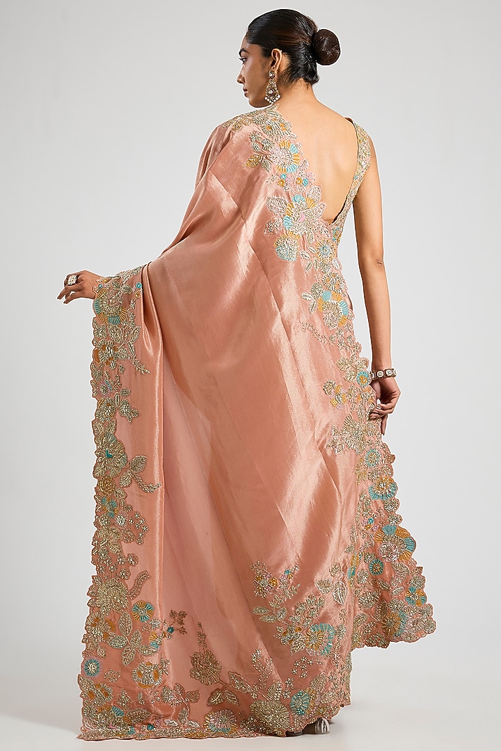 Salmon Peach Tissue Silk Aari Embroidered Reception Saree Set by OSAA By Adarsh at Pernia's Pop Up Shop