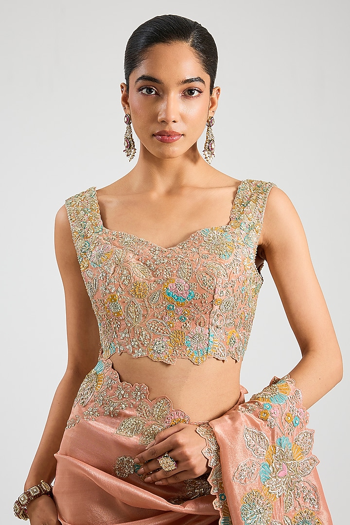 Salmon Peach Tissue Silk Aari Embroidered Reception Saree Set by OSAA By Adarsh at Pernia's Pop Up Shop