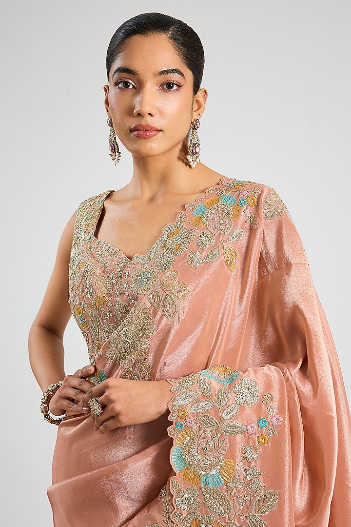 Salmon Peach Tissue Silk Aari Embroidered Reception Saree Set by OSAA By Adarsh at Pernia's Pop Up Shop