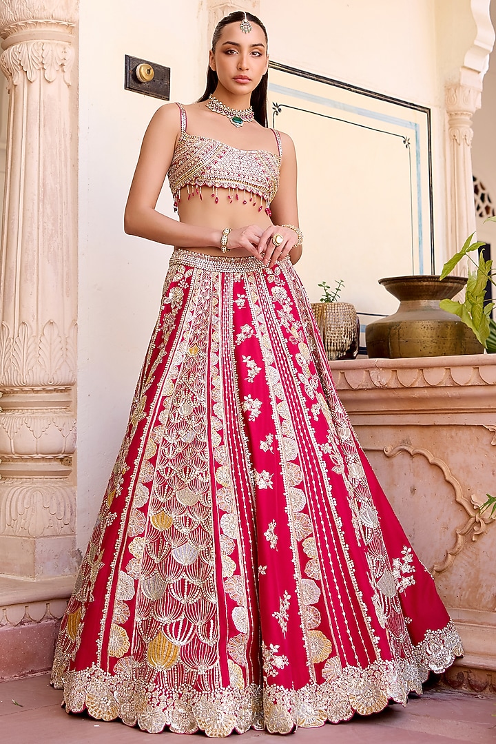 Ruby Red Mulberry Silk Zardosi Hand Embroidered Bridal Lehenga Set by OSAA By Adarsh at Pernia's Pop Up Shop