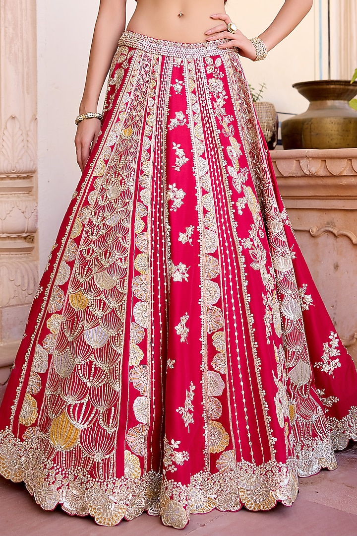 Ruby Red Mulberry Silk Zardosi Hand Embroidered Bridal Lehenga Set by OSAA By Adarsh at Pernia's Pop Up Shop