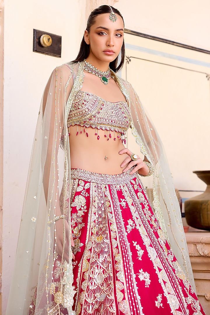 Ruby Red Mulberry Silk Zardosi Hand Embroidered Bridal Lehenga Set by OSAA By Adarsh at Pernia's Pop Up Shop