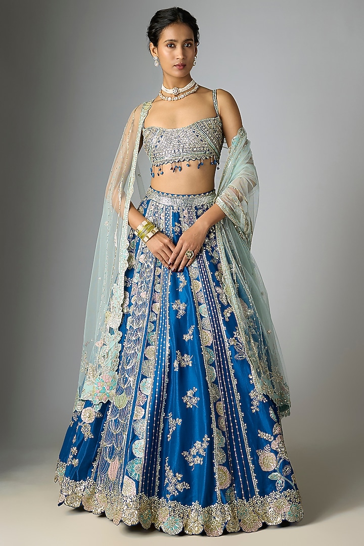 Blueberry Mulberry Silk Zardosi Embroidered Bridal Lehenga Set by OSAA By Adarsh at Pernia's Pop Up Shop