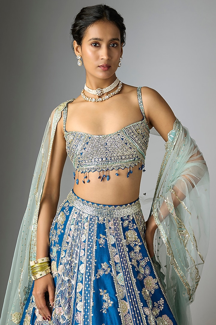Blueberry Mulberry Silk Zardosi Embroidered Bridal Lehenga Set by OSAA By Adarsh at Pernia's Pop Up Shop