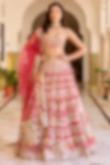 Ruby Red Organza Zardosi Hand Embroidered Bridal Lehenga Set by OSAA By Adarsh at Pernia's Pop Up Shop