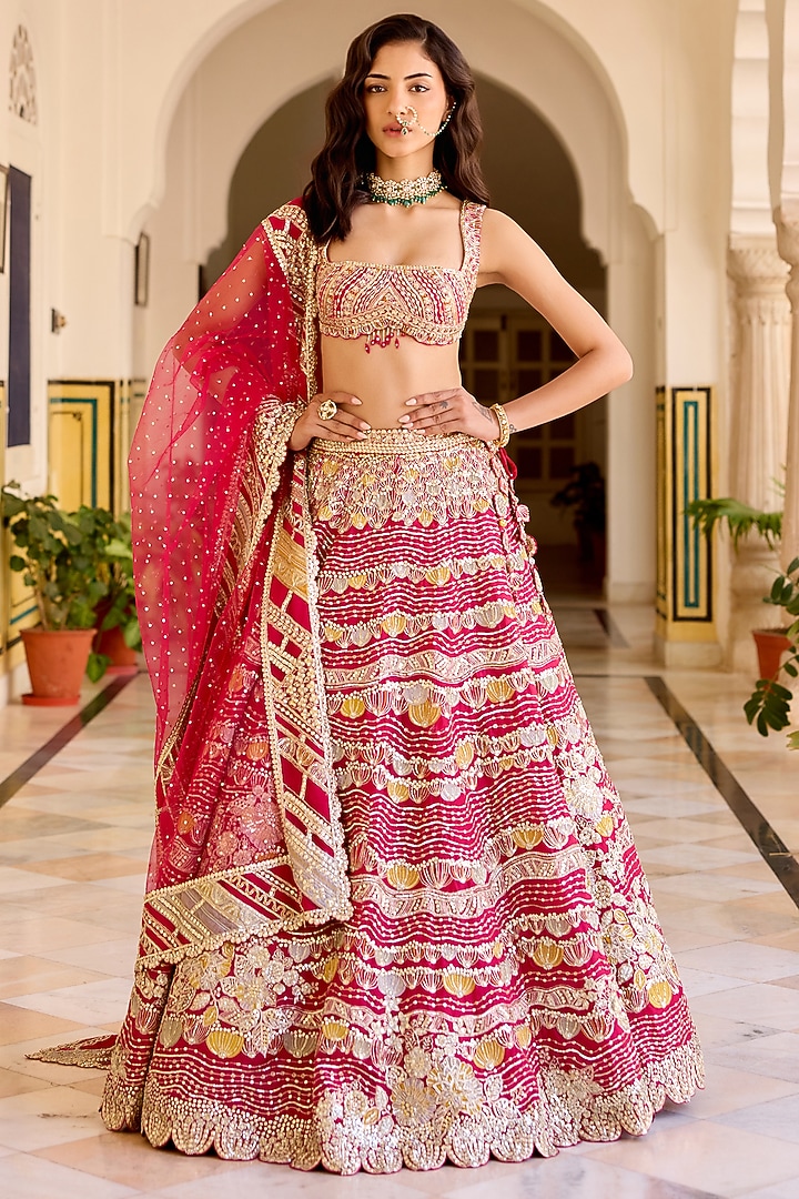 Ruby Red Organza Zardosi Hand Embroidered Bridal Lehenga Set by OSAA By Adarsh at Pernia's Pop Up Shop
