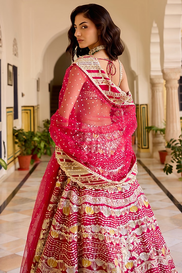 Ruby Red Organza Zardosi Hand Embroidered Bridal Lehenga Set by OSAA By Adarsh at Pernia's Pop Up Shop
