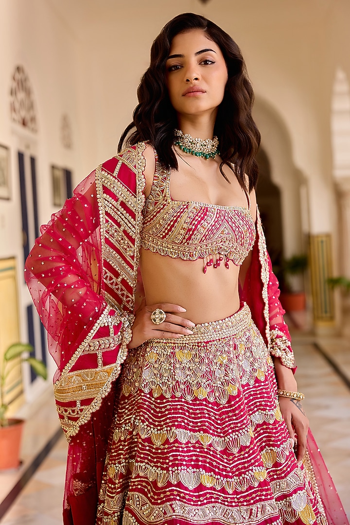 Ruby Red Organza Zardosi Hand Embroidered Bridal Lehenga Set by OSAA By Adarsh at Pernia's Pop Up Shop