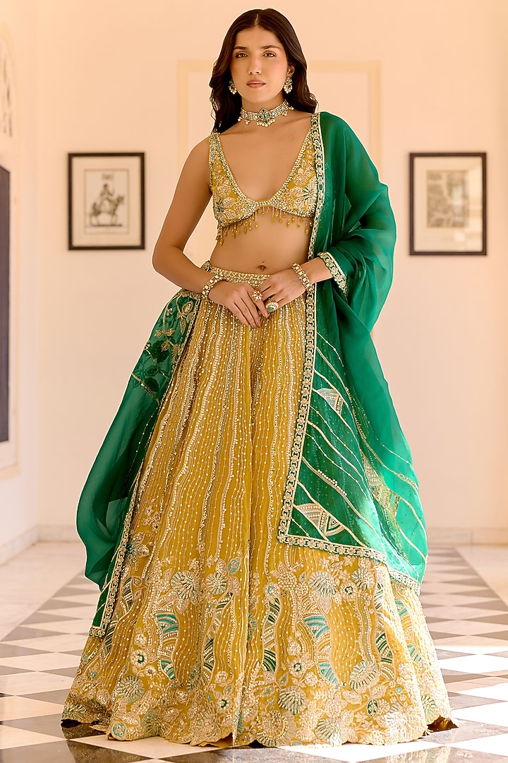 Canary Yellow Organza Thread Embroidered Bridal Lehenga Set by Osaa By Adarsh at Pernia's Pop Up Shop