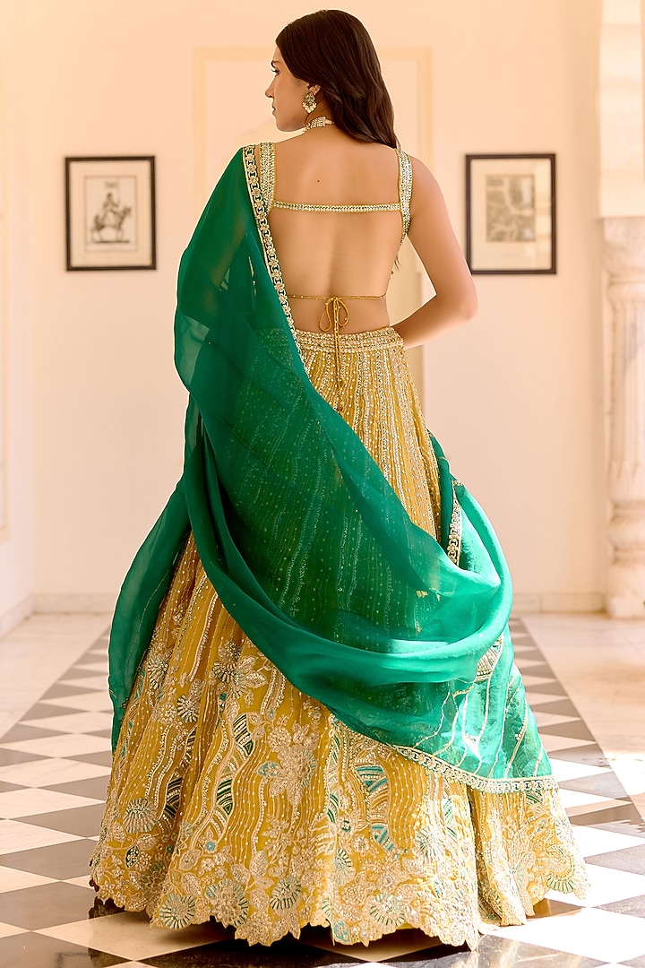 Canary Yellow Organza Thread Embroidered Bridal Lehenga Set by Osaa By Adarsh at Pernia's Pop Up Shop