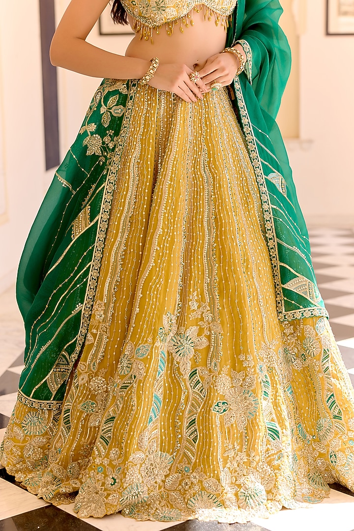 Canary Yellow Organza Thread Embroidered Bridal Lehenga Set by Osaa By Adarsh at Pernia's Pop Up Shop