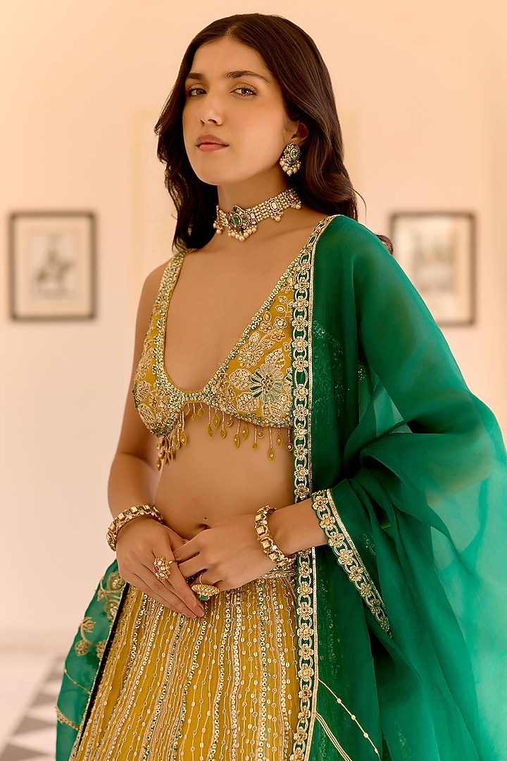 Canary Yellow Organza Thread Embroidered Bridal Lehenga Set by Osaa By Adarsh at Pernia's Pop Up Shop