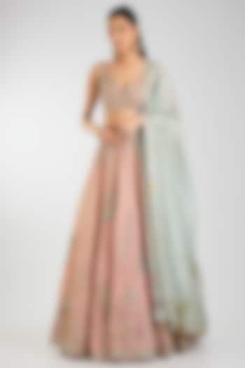 Soft Berry-Colored Organza Thread Embroidered Bridal Lehenga Set by OSAA By Adarsh at Pernia's Pop Up Shop
