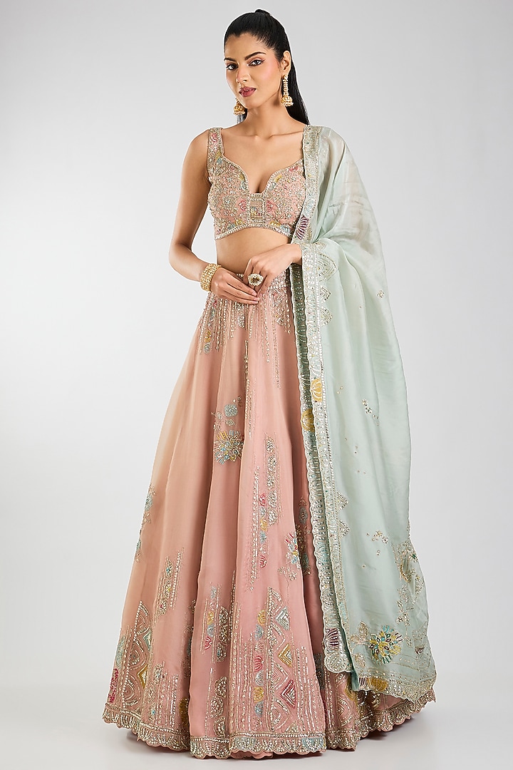 Soft Berry-Colored Organza Thread Embroidered Bridal Lehenga Set by OSAA By Adarsh at Pernia's Pop Up Shop