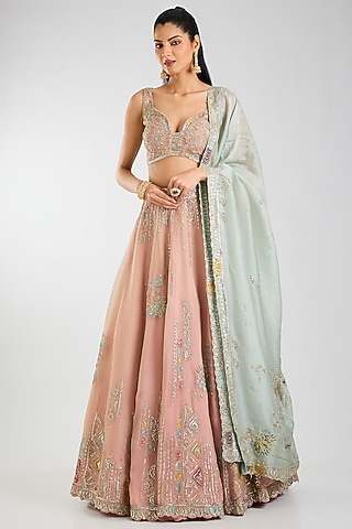 Soft Berry-Colored Organza Thread Embroidered Lehenga Set by OSAA By Adarsh