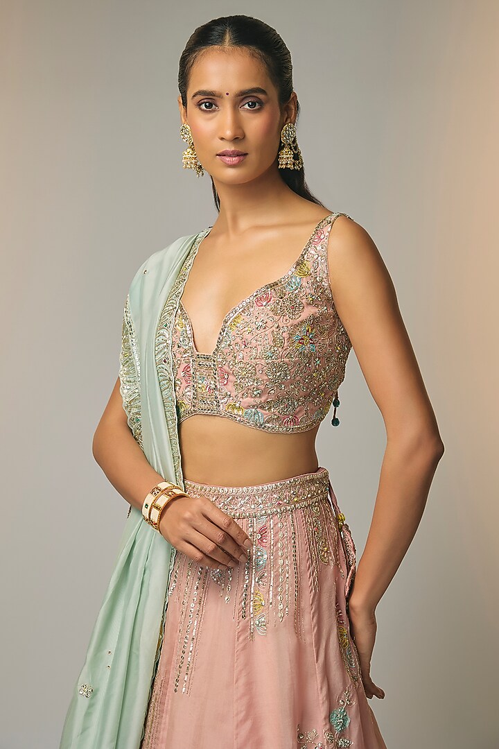 Soft Berry-Colored Organza Thread Embroidered Bridal Lehenga Set by OSAA By Adarsh at Pernia's Pop Up Shop