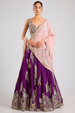 Purple Organza Thread Embroidered Handcrafted Lehenga Set by OSAA By Adarsh