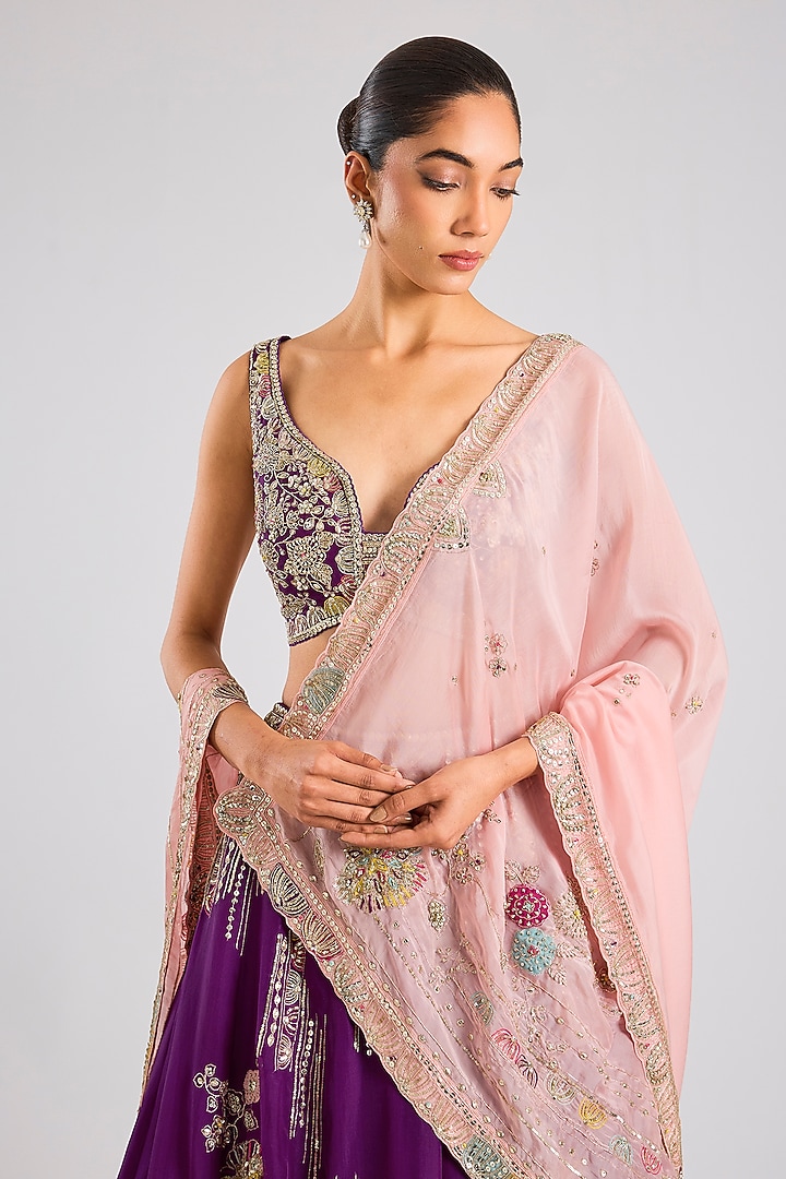 Purple Organza Thread Embroidered Handcrafted Bridal Lehenga Set by OSAA By Adarsh at Pernia's Pop Up Shop