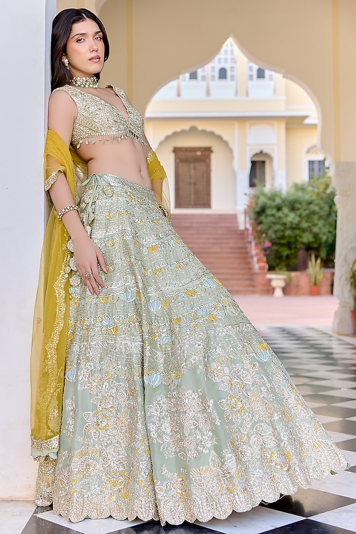 Sage Green Tissue Silk Zardosi Hand Embroidered Bridal lehenga for 22 Lehenga Set by OSAA By Adarsh at Pernia's Pop Up Shop