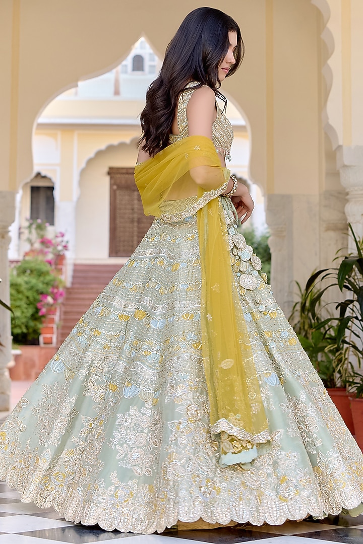 Sage Green Tissue Silk Zardosi Hand Embroidered Bridal Lehenga Set by OSAA By Adarsh at Pernia's Pop Up Shop
