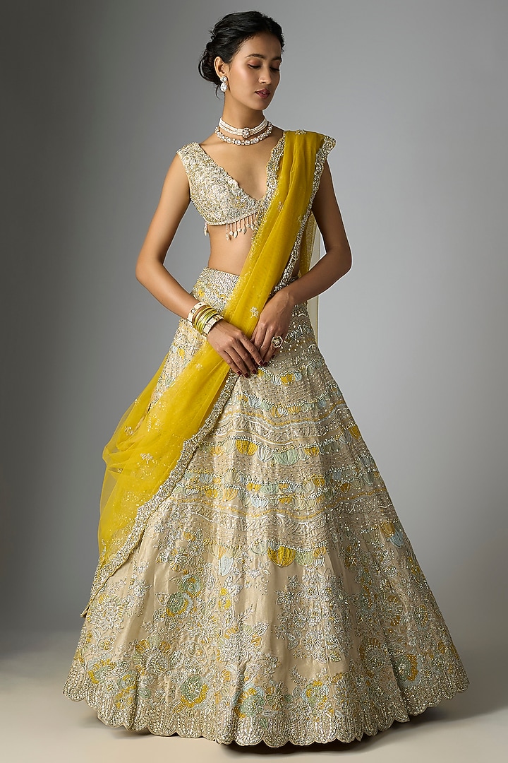 Beige Champagne Tissue Silk Applique Embroidered Bridal Lehenga Set by OSAA By Adarsh at Pernia's Pop Up Shop