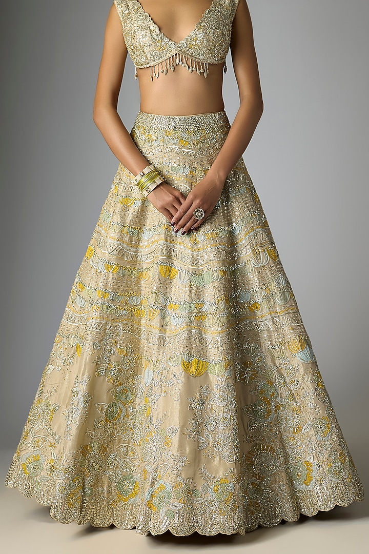 Beige Champagne Tissue Silk Applique Embroidered Bridal Lehenga Set by OSAA By Adarsh at Pernia's Pop Up Shop
