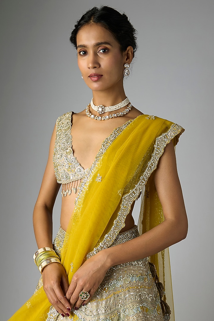 Beige Champagne Tissue Silk Applique Embroidered Bridal Lehenga Set by OSAA By Adarsh at Pernia's Pop Up Shop