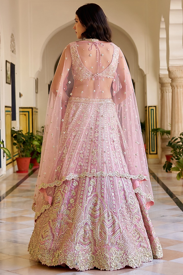 Rosaline Pink Organza Zardosi Hand Embroidered Bridal Lehenga Set by OSAA By Adarsh at Pernia's Pop Up Shop
