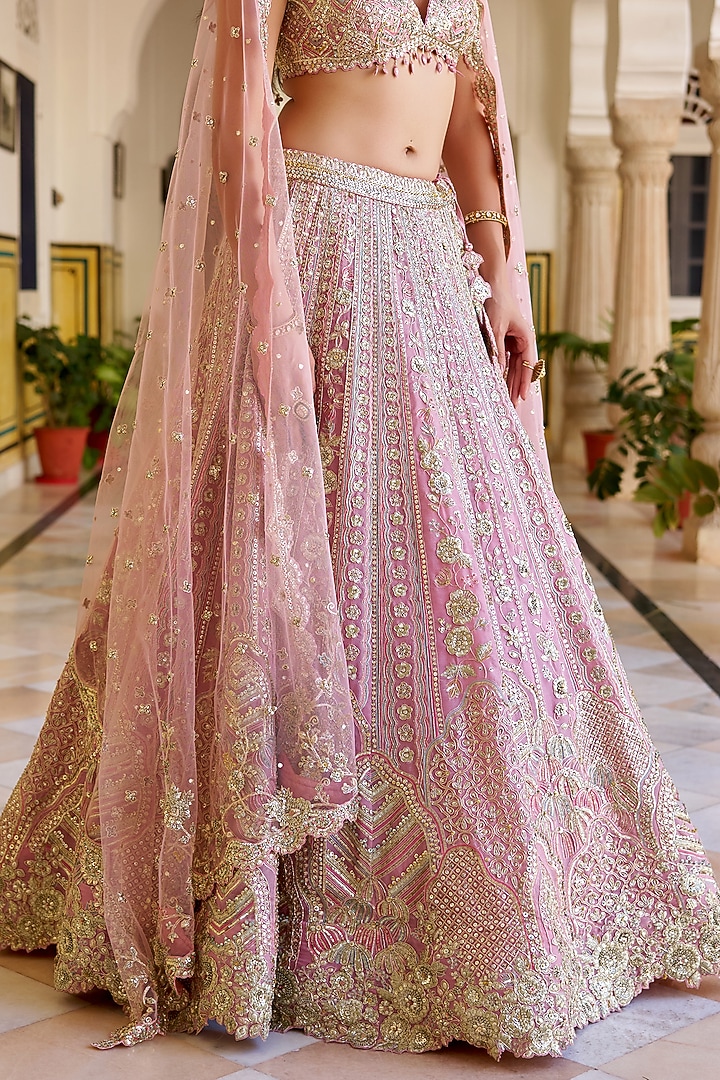 Rosaline Pink Organza Zardosi Hand Embroidered Bridal Lehenga Set by OSAA By Adarsh at Pernia's Pop Up Shop